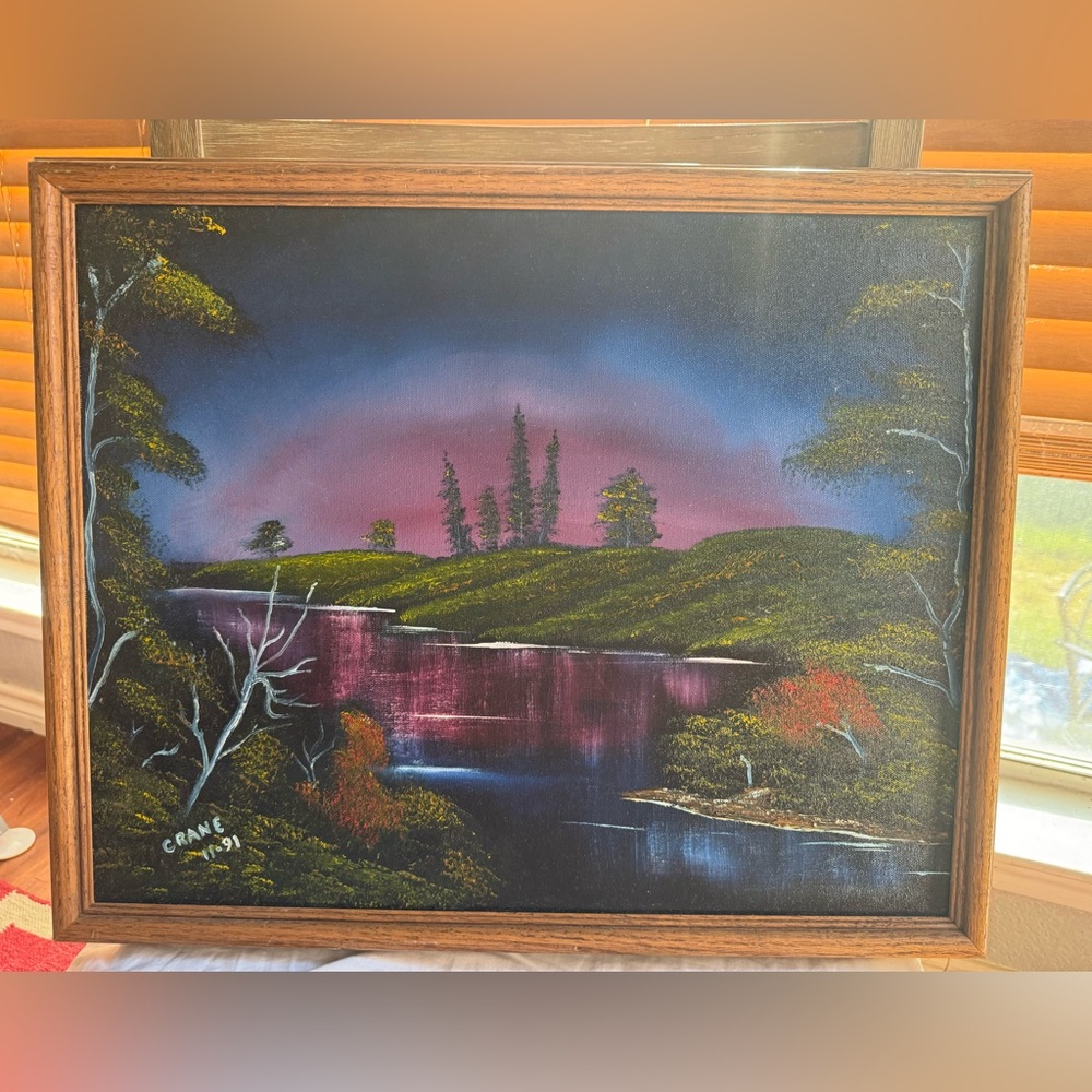 River Landscape original oil painting signed CRANE Frame 22'' X 18"
